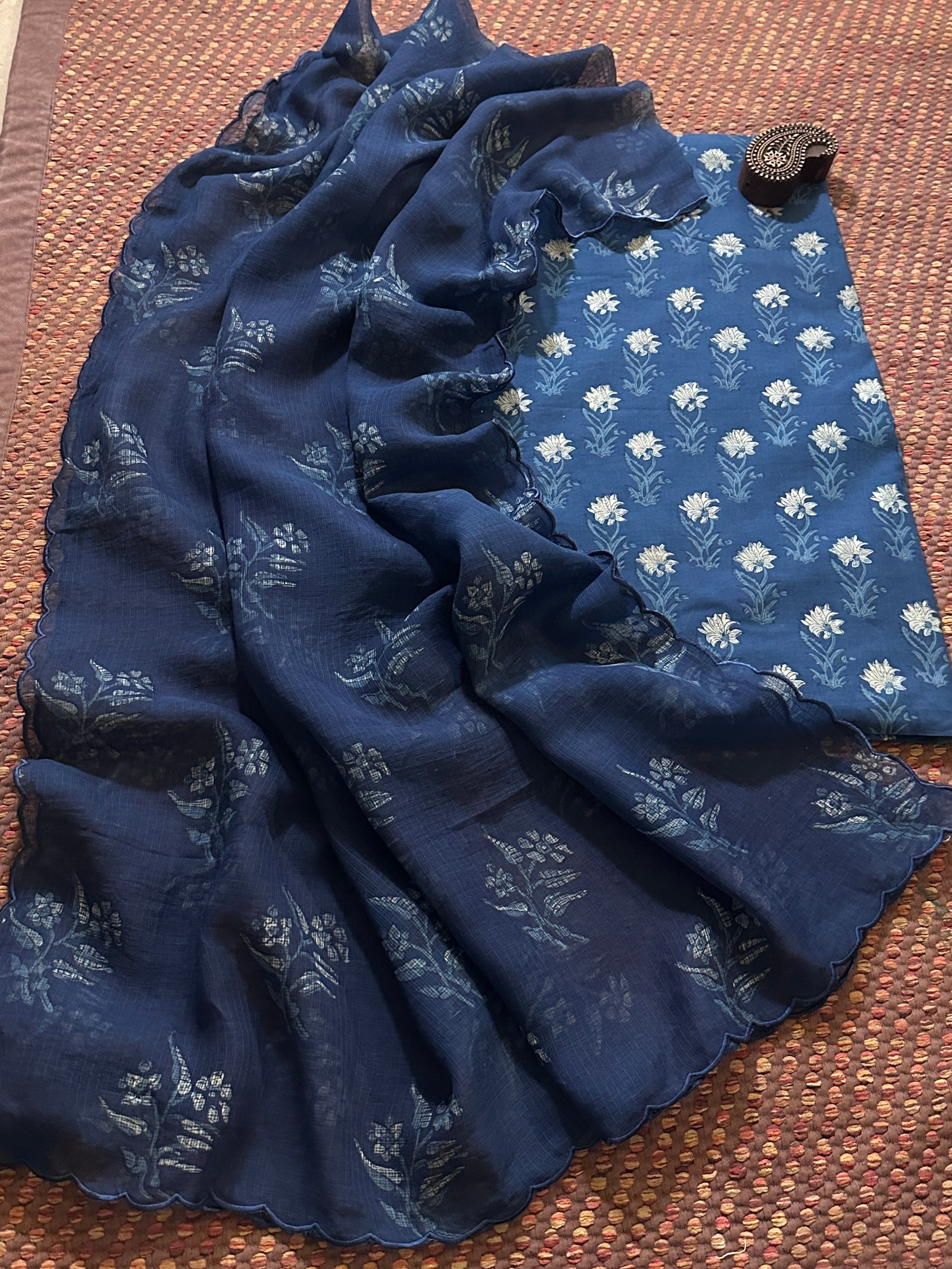 Indigo Pure Cotton Handblocked Fabric with Kota Doria Dupatta Set