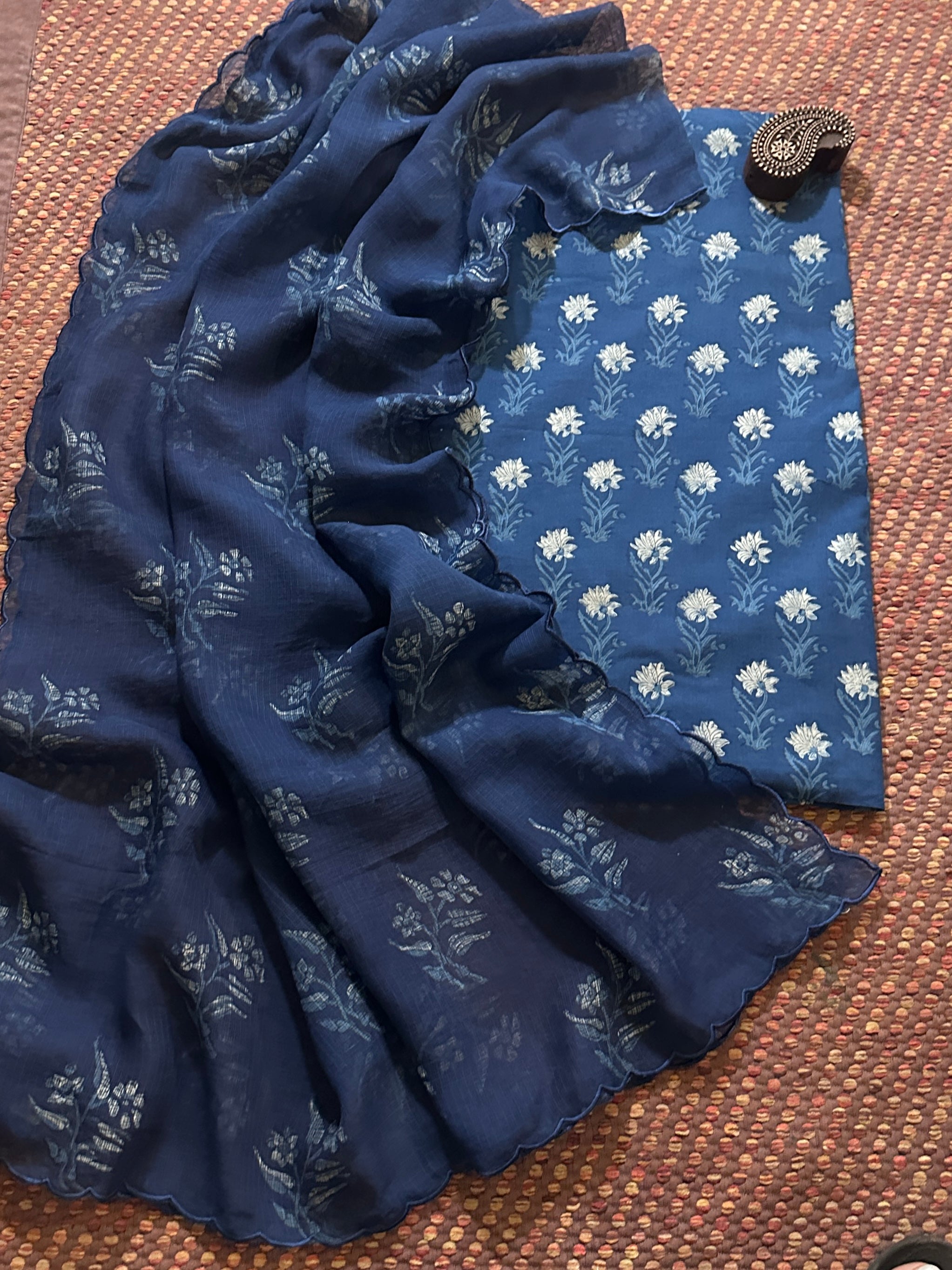 Indigo Pure Cotton Handblocked Fabric with Kota Doria Dupatta Set