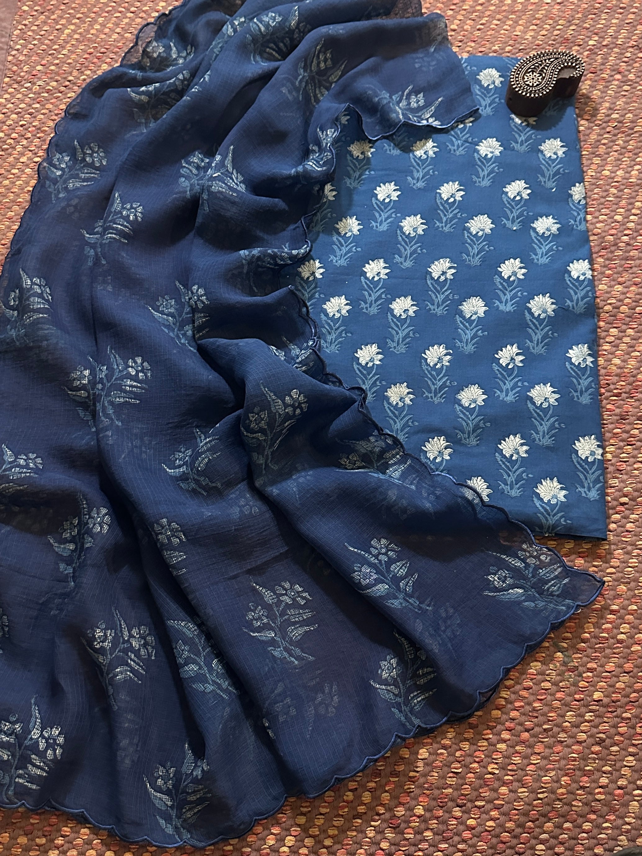 Indigo Pure Cotton Handblocked Fabric with Kota Doria Dupatta Set