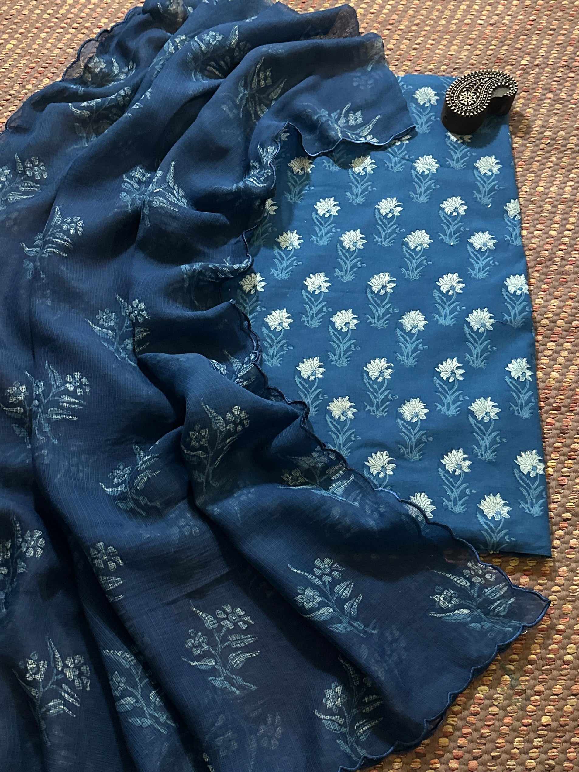 Indigo Pure Cotton Handblocked Fabric with Kota Doria Dupatta Set