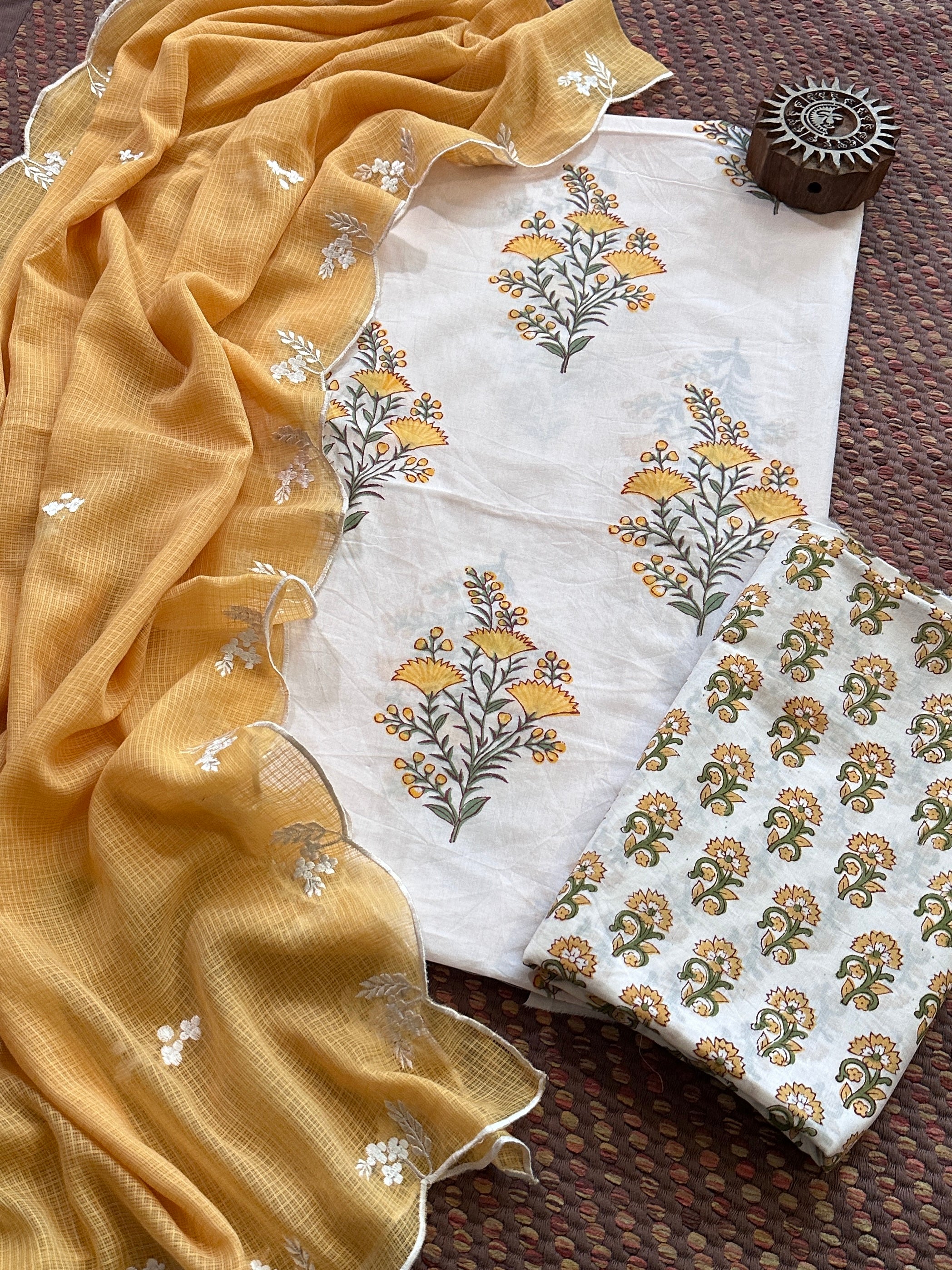Pure Cotton Handblock Fabric with Embroidered Dupatta