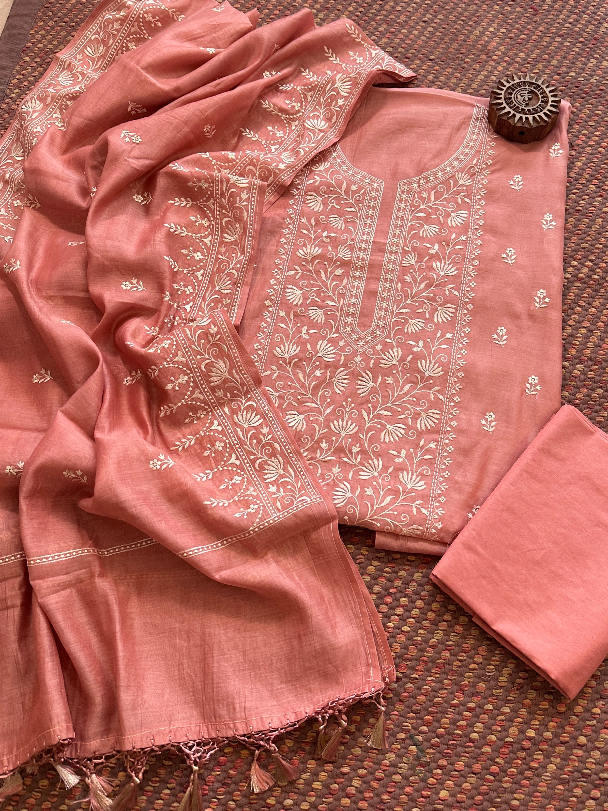 Malmal Maheshwari Silk Embroidered Unstitched Set