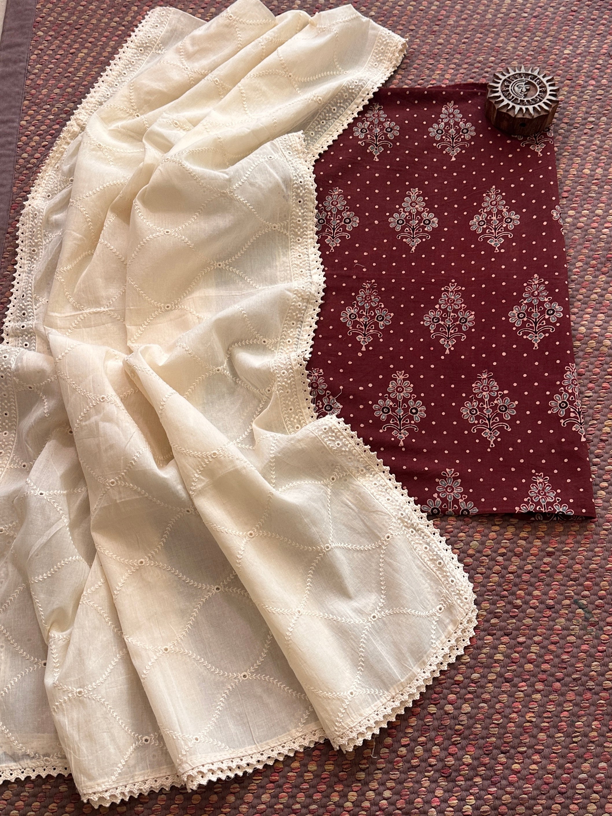 Ajrakh handblocked pure cotton mamal fabric with soft cotton Dupatta