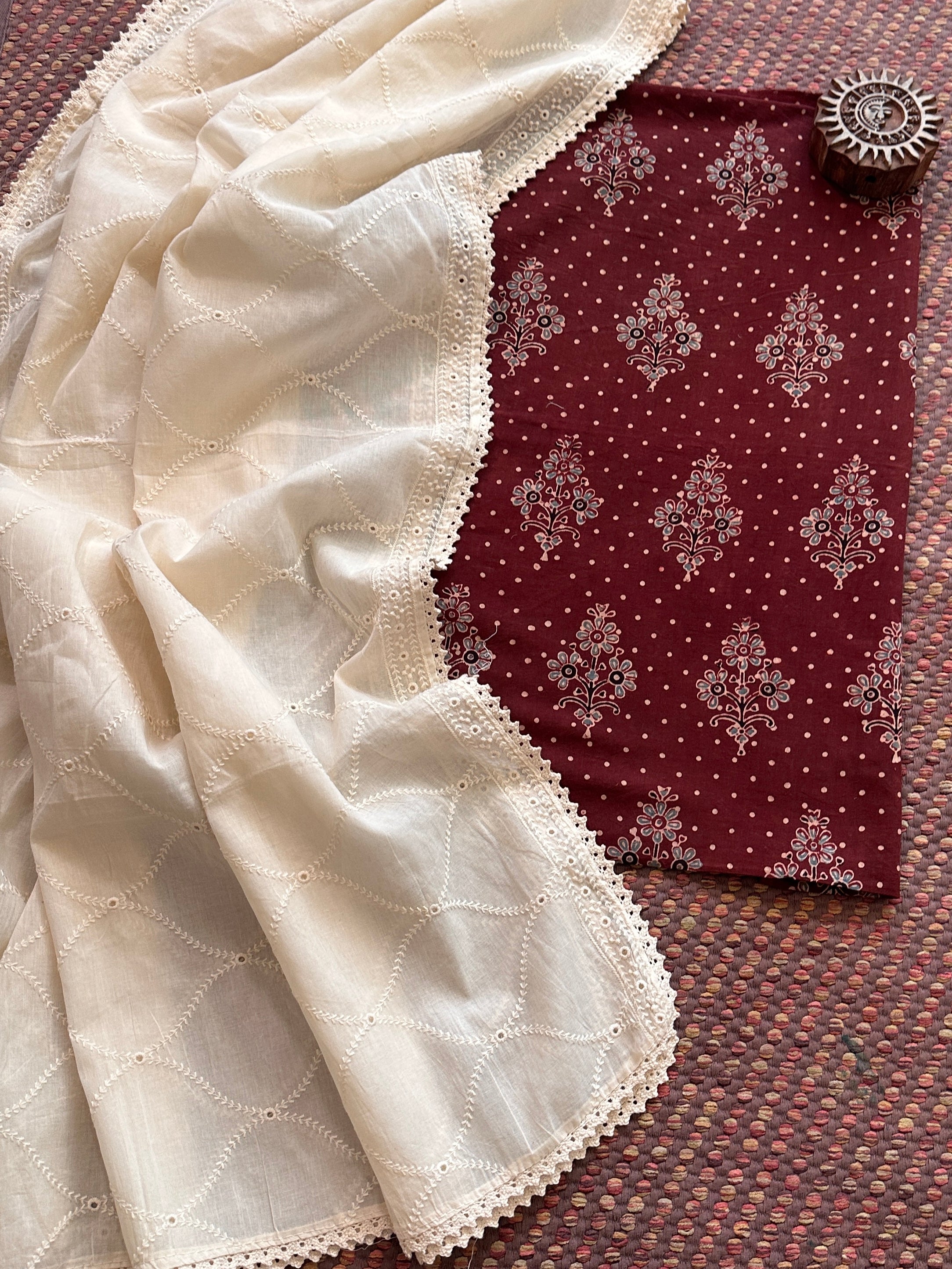Ajrakh handblocked pure cotton mamal fabric with soft cotton Dupatta