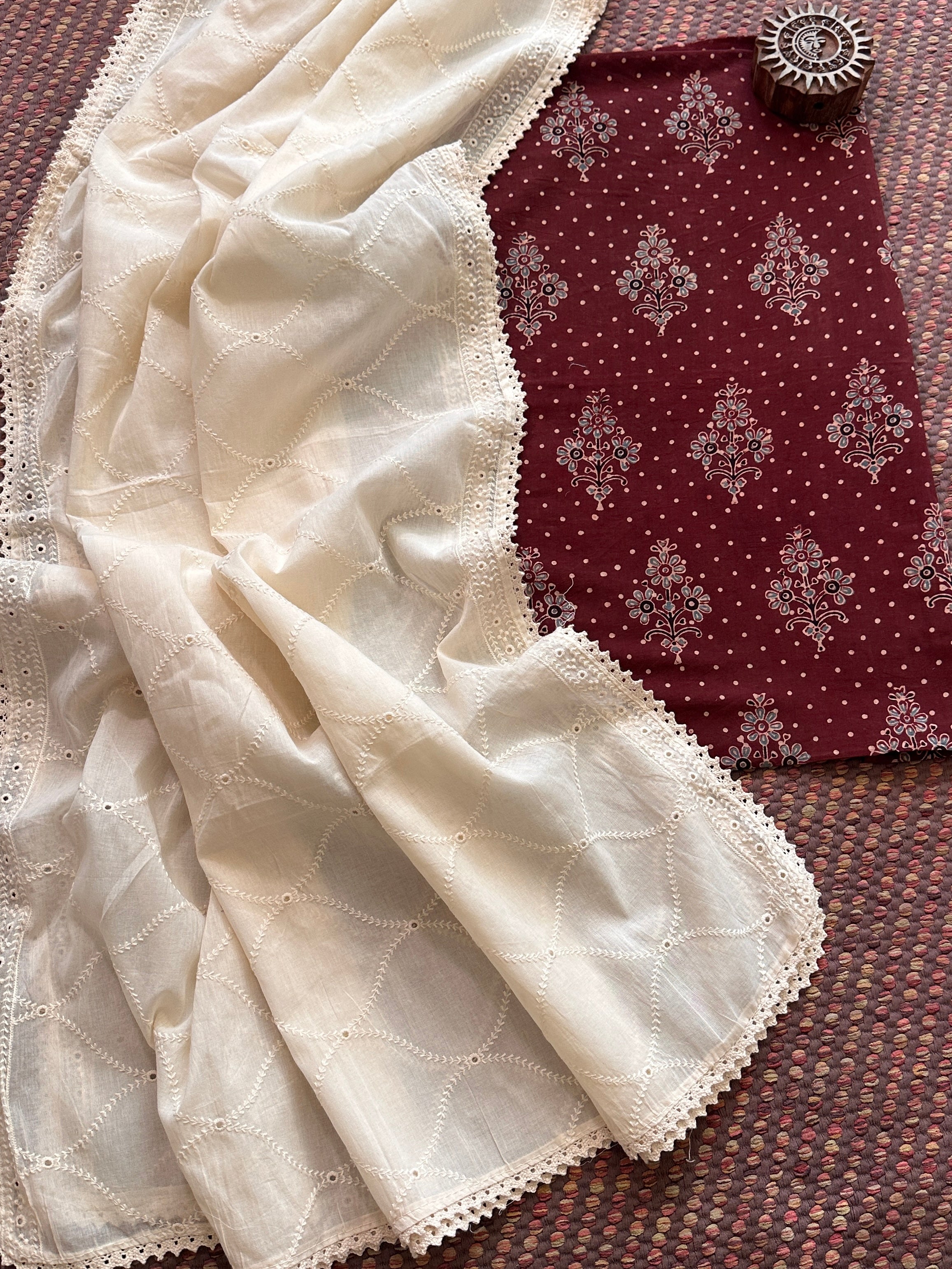 Ajrakh handblocked pure cotton mamal fabric with soft cotton Dupatta