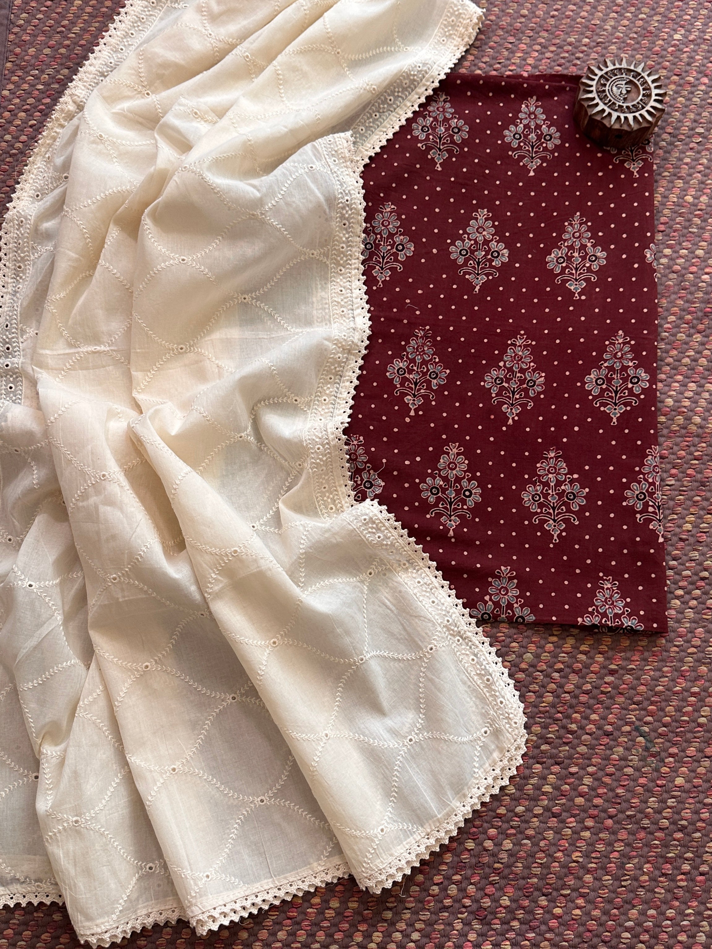 Ajrakh handblocked pure cotton mamal fabric with soft cotton Dupatta