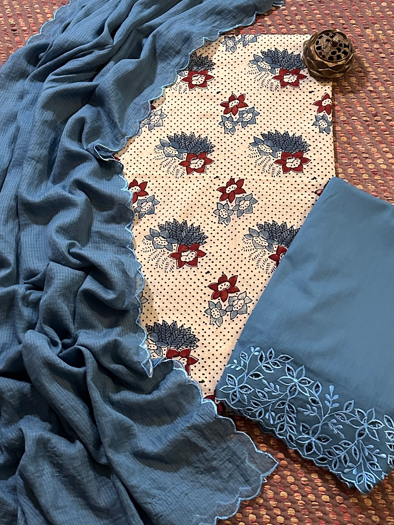 Pure Cotton Malmal Ajrak Fabric withCutwork Bottom & Kota Dupatta