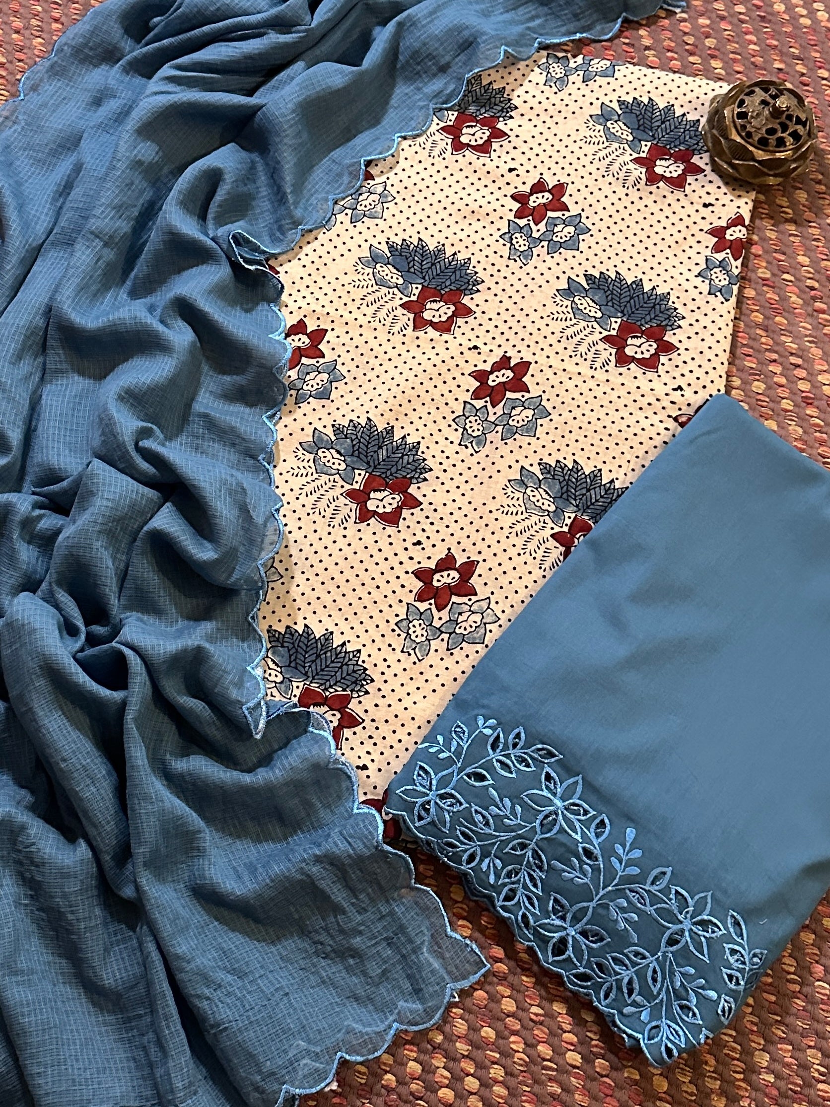 Pure Cotton Malmal Ajrak Fabric withCutwork Bottom & Kota Dupatta