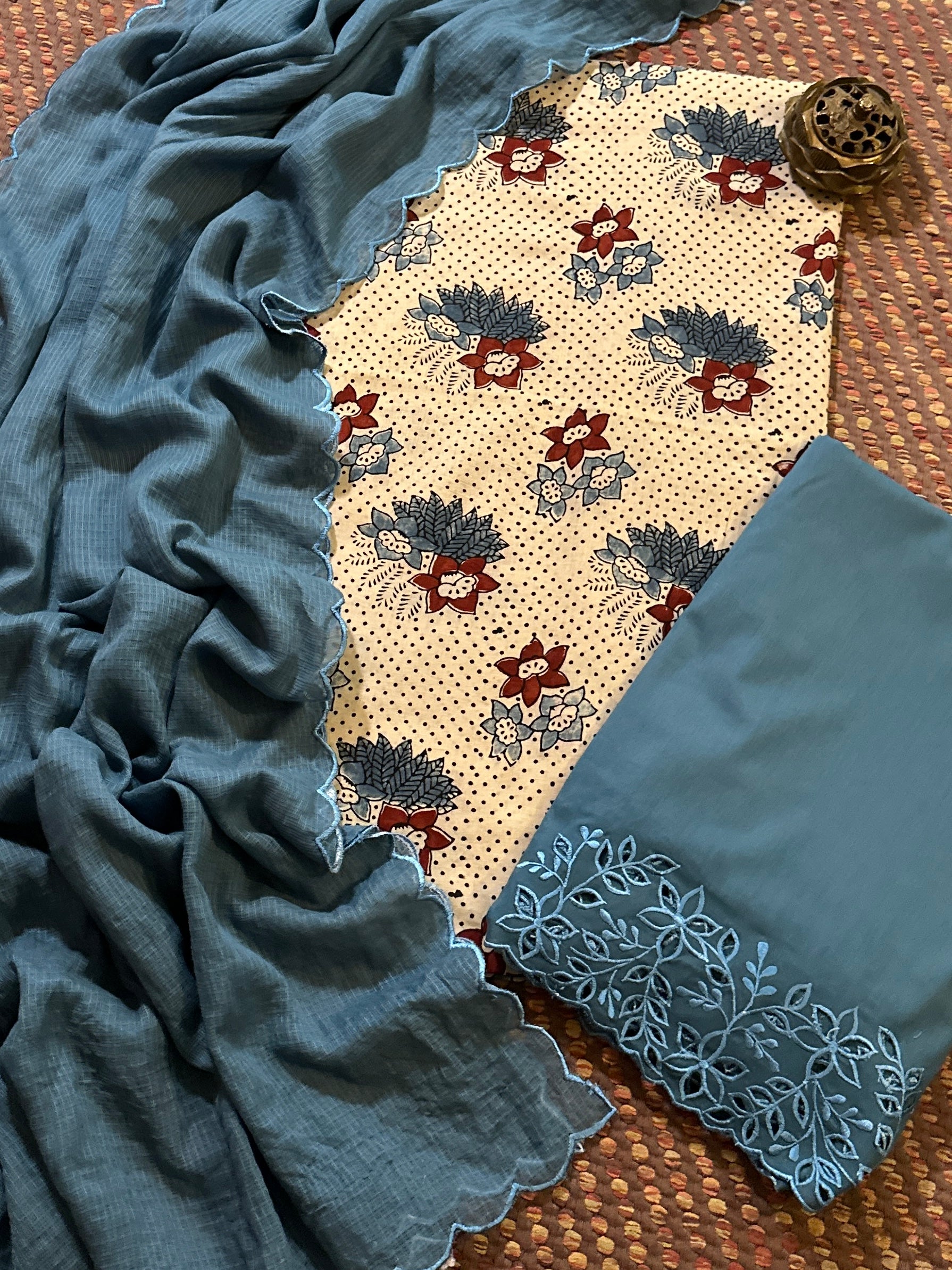 Pure Cotton Malmal Ajrak Fabric withCutwork Bottom & Kota Dupatta