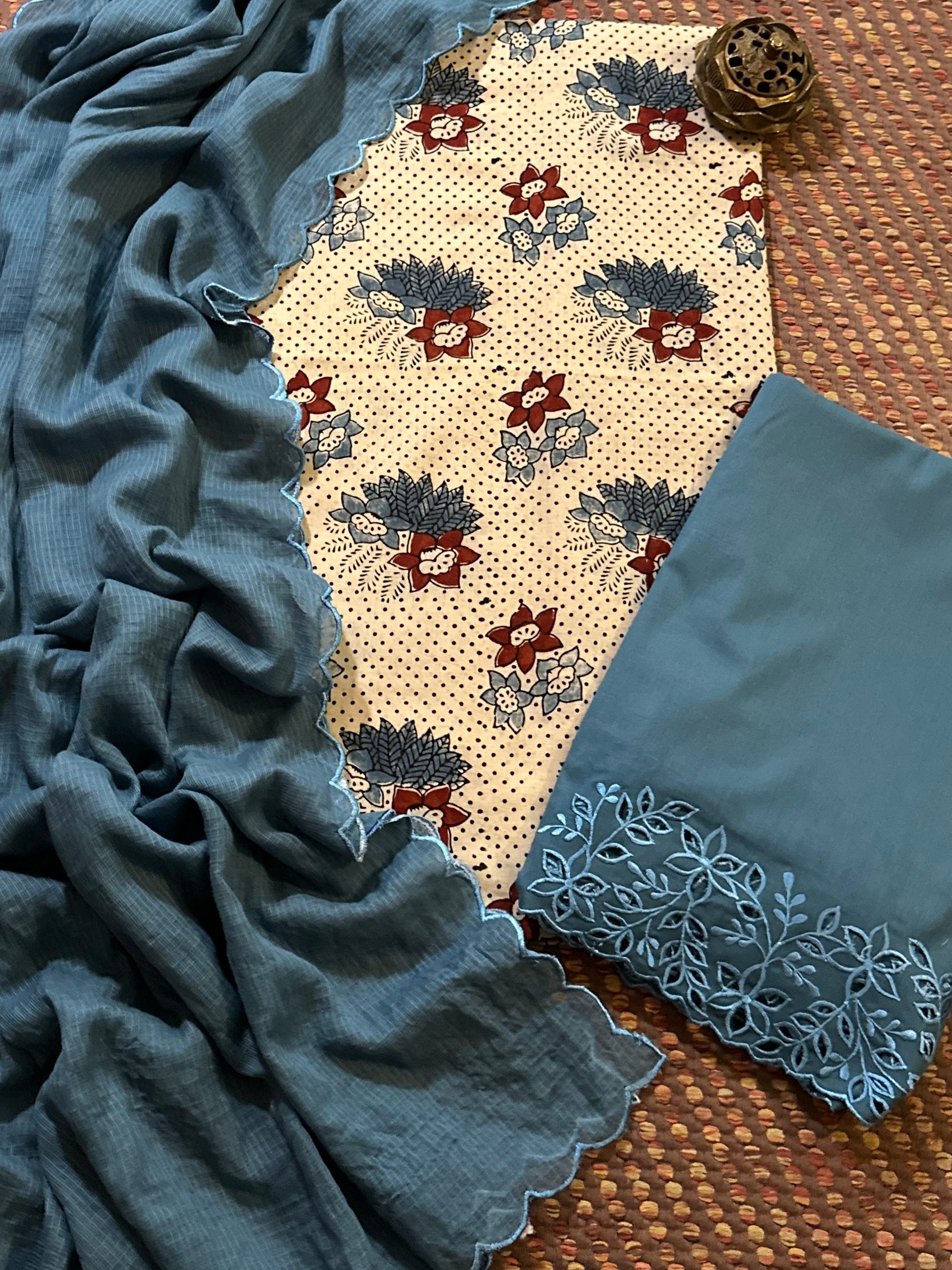 Pure Cotton Malmal Ajrak Fabric withCutwork Bottom & Kota Dupatta