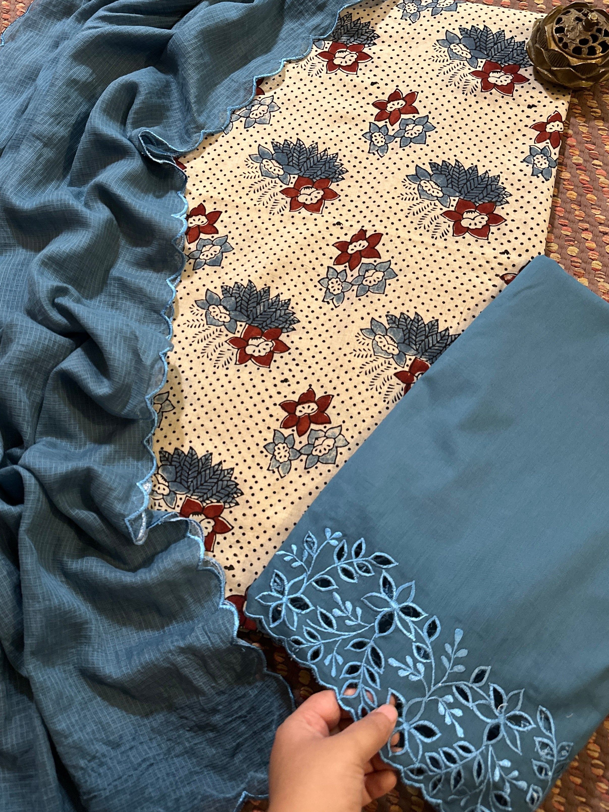 Pure Cotton Malmal Ajrak Fabric withCutwork Bottom & Kota Dupatta