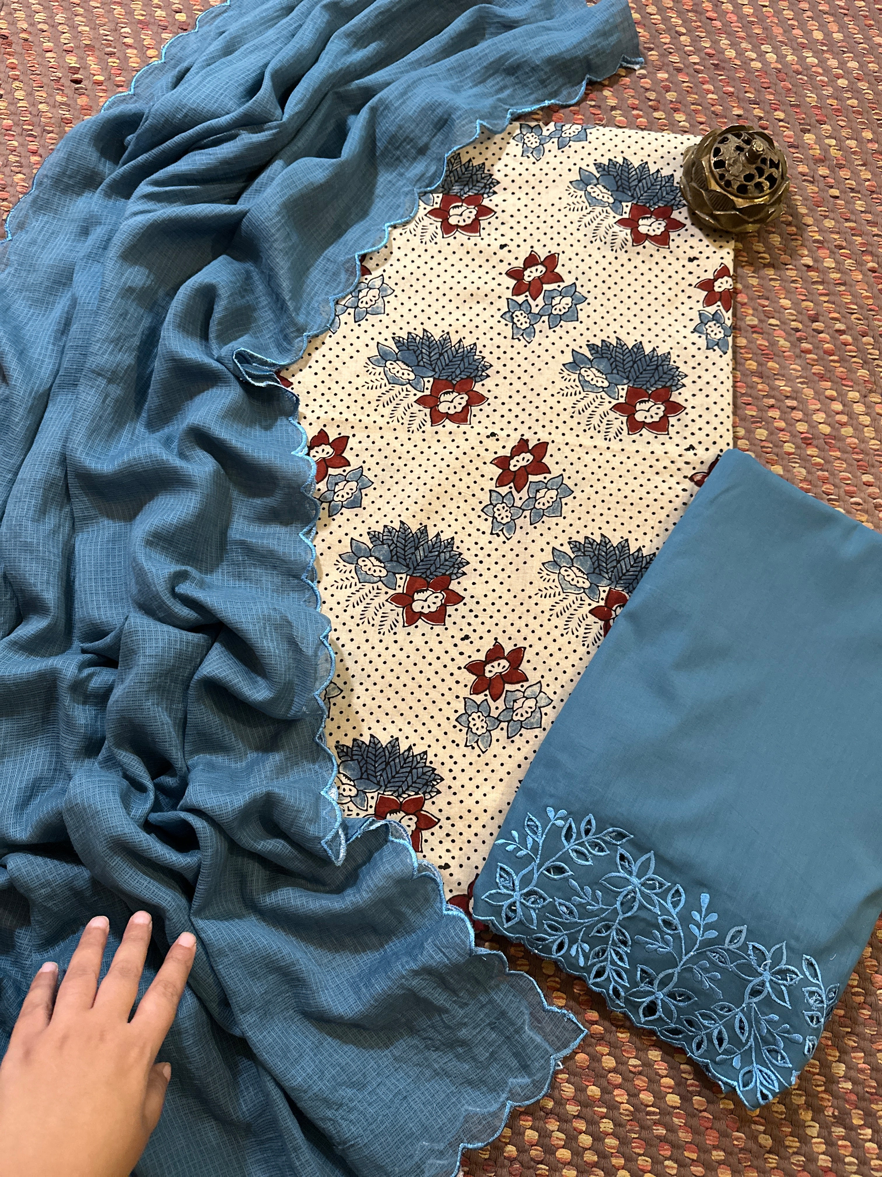 Pure Cotton Malmal Ajrak Fabric withCutwork Bottom & Kota Dupatta