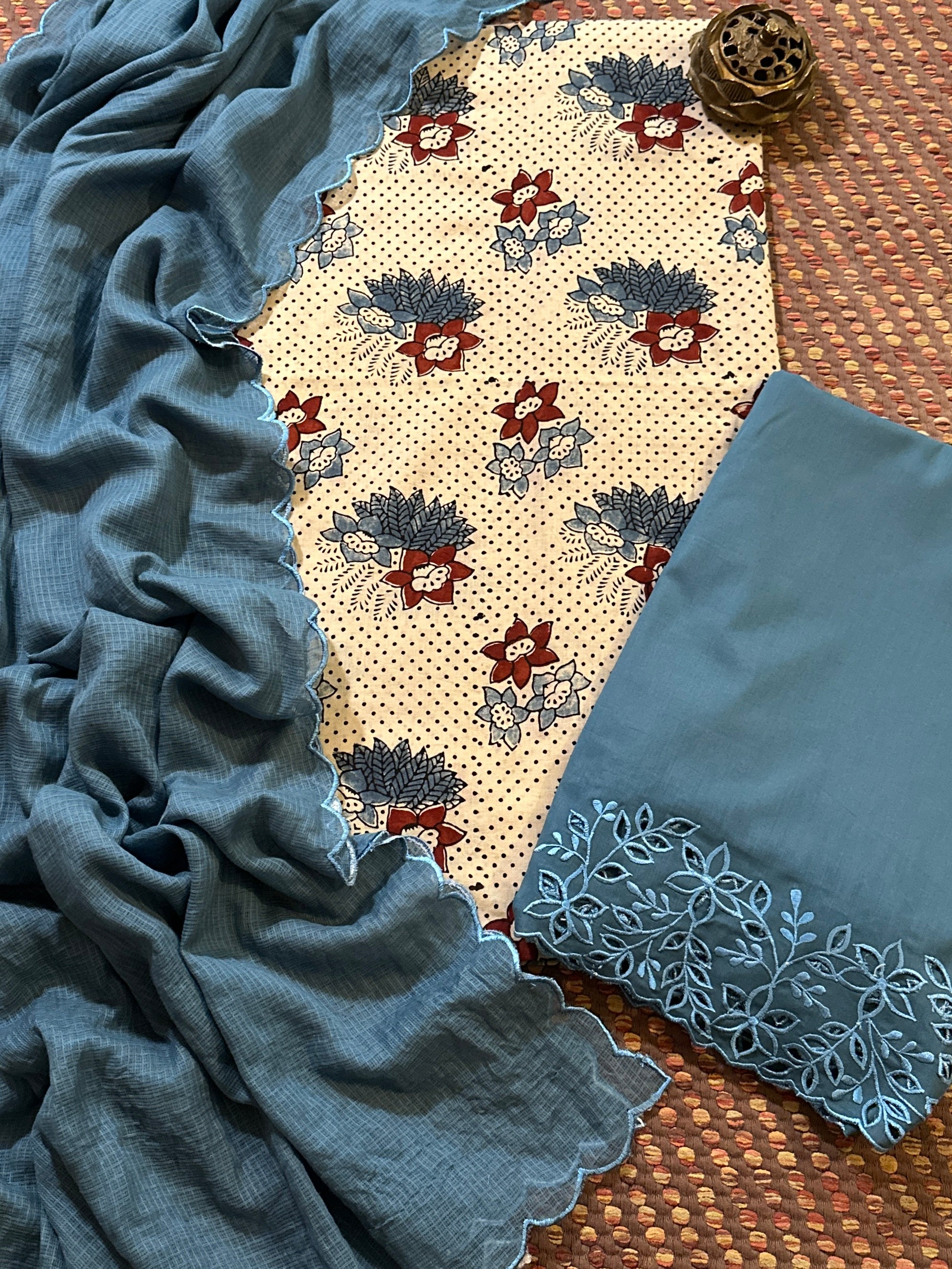 Pure Cotton Malmal Ajrak Fabric withCutwork Bottom & Kota Dupatta