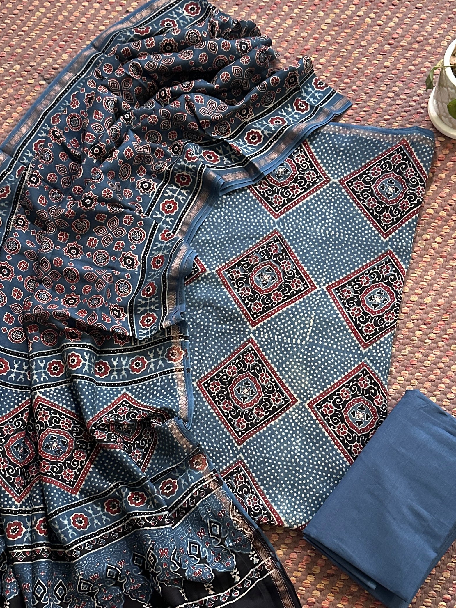 Hand-blocked Ajrak Maheswari Silk Unstitched Set