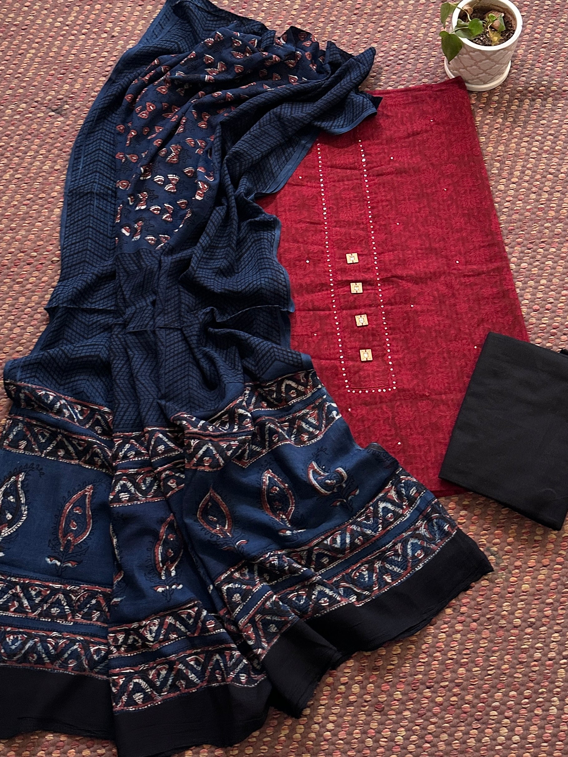 Pure Cotton Handblocked Unstitched Set with Malmal Dupatta