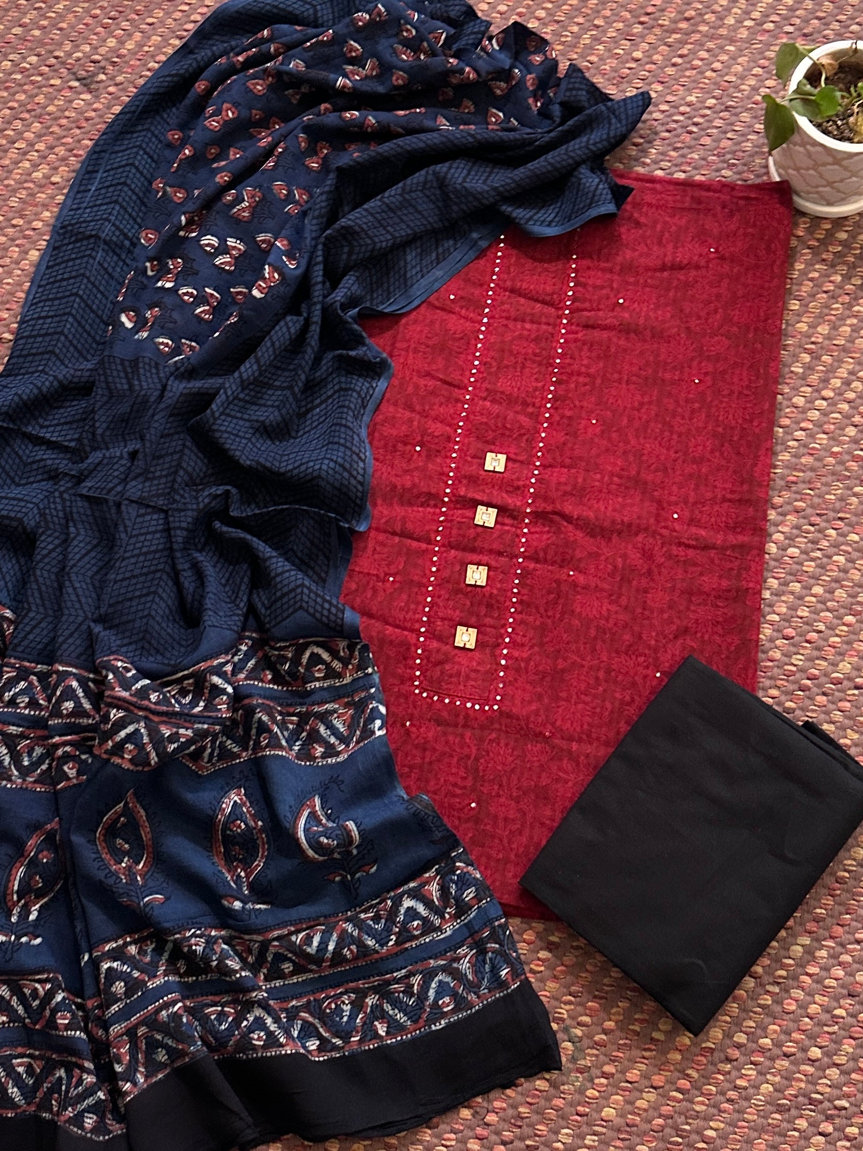 Pure Cotton Handblocked Unstitched Set with Malmal Dupatta