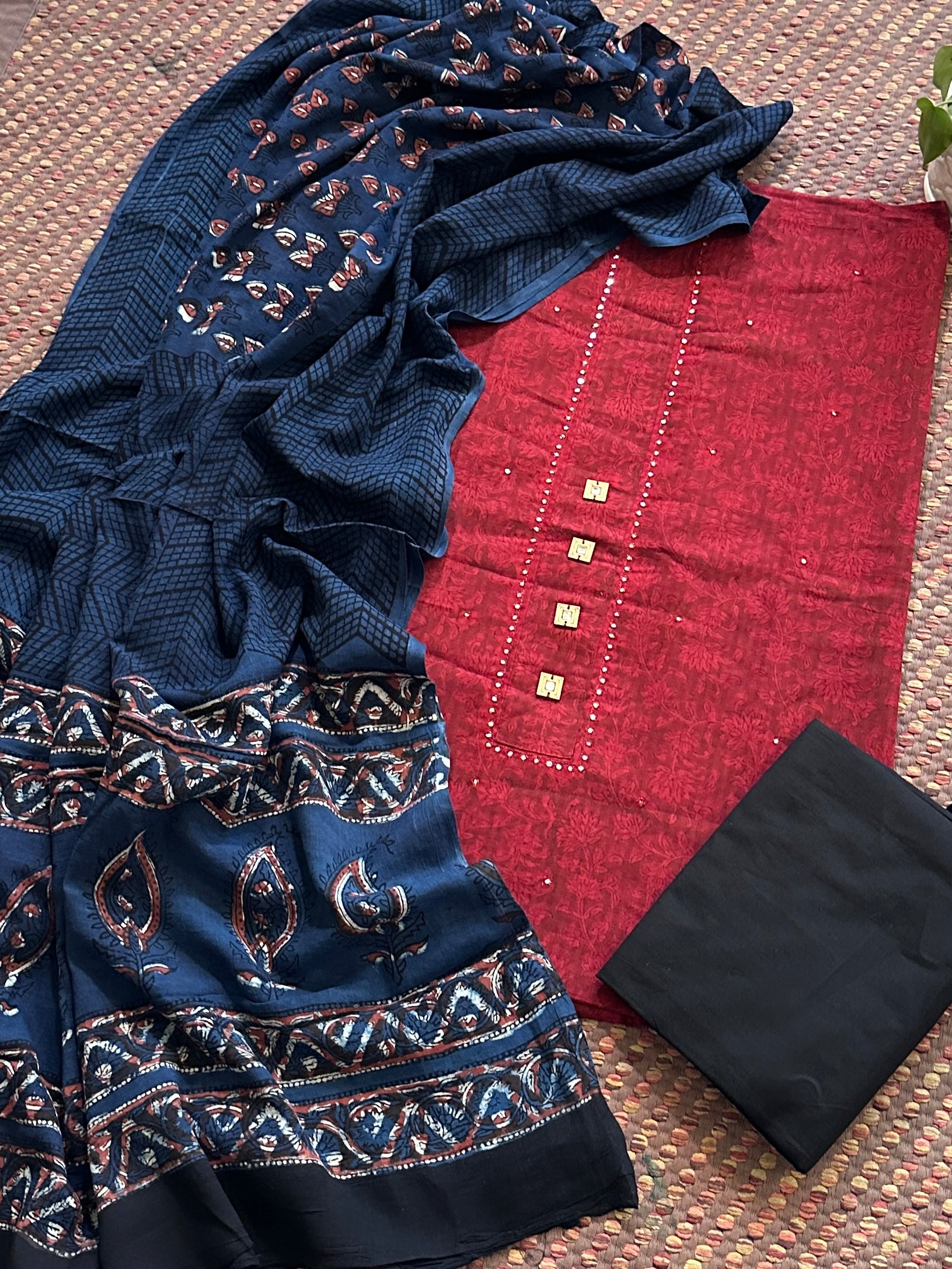 Pure Cotton Handblocked Unstitched Set with Malmal Dupatta