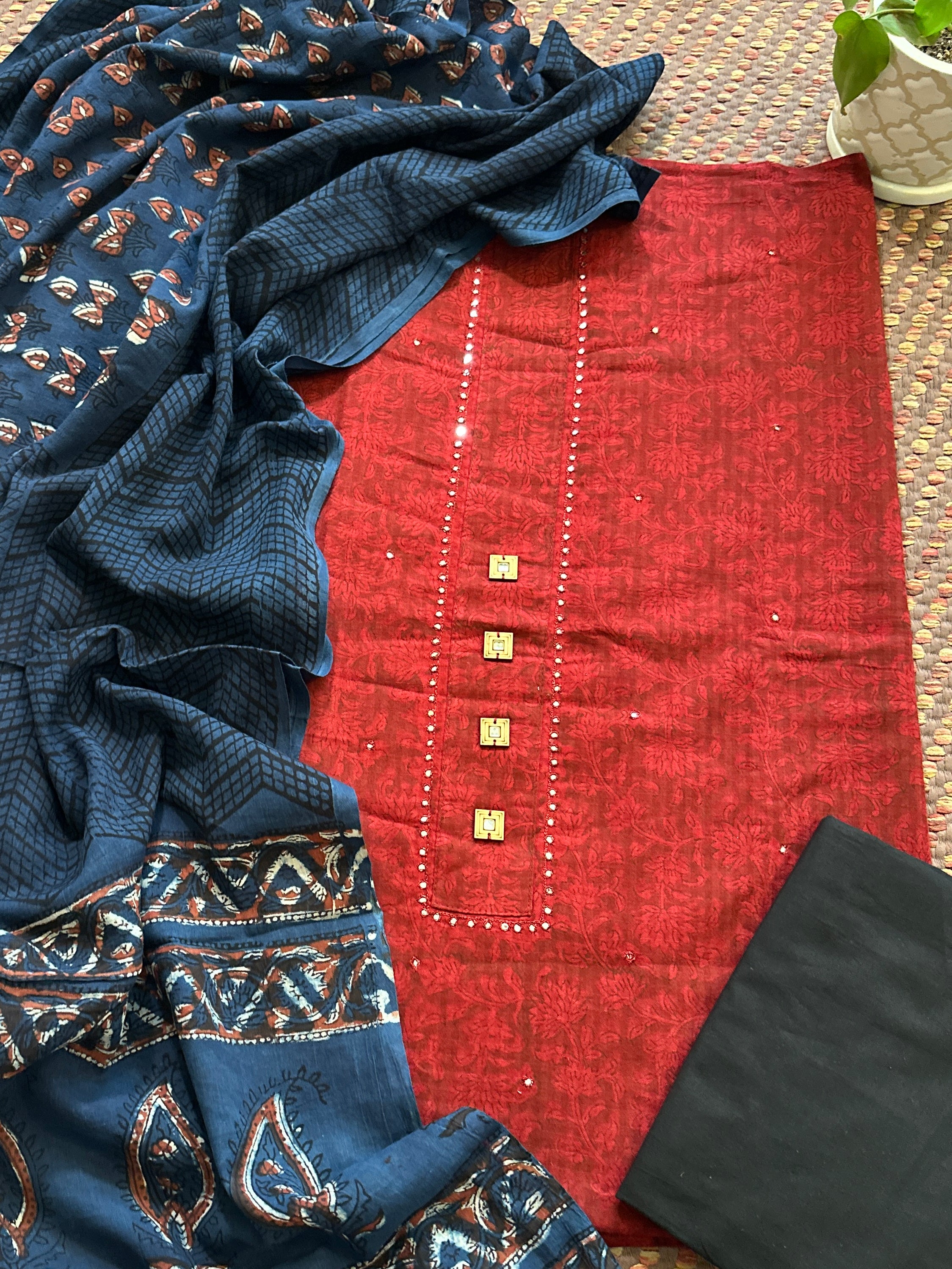 Pure Cotton Handblocked Unstitched Set with Malmal Dupatta