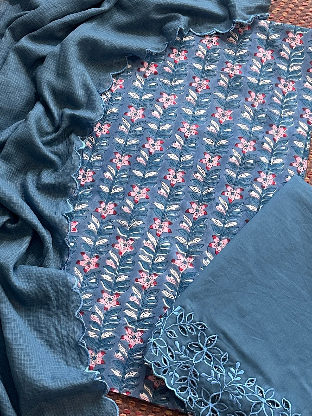 Pure Cotton Malmal Hand-blocked Fabric with Cutwork Bottom & Kota Doria Dupatta