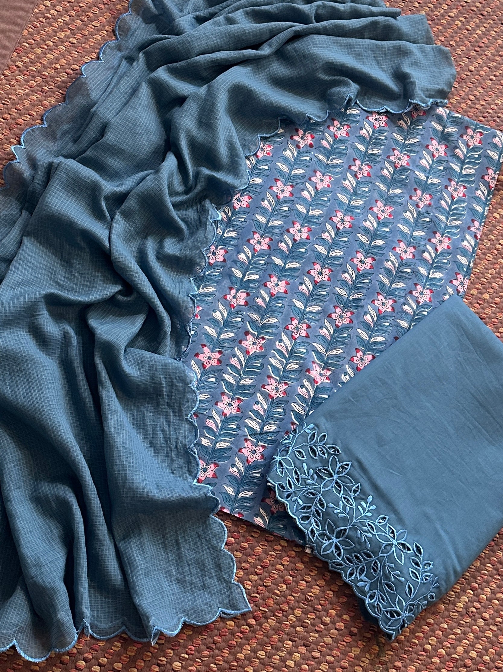 Pure Cotton Malmal Hand-blocked Fabric with Cutwork Bottom & Kota Doria Dupatta