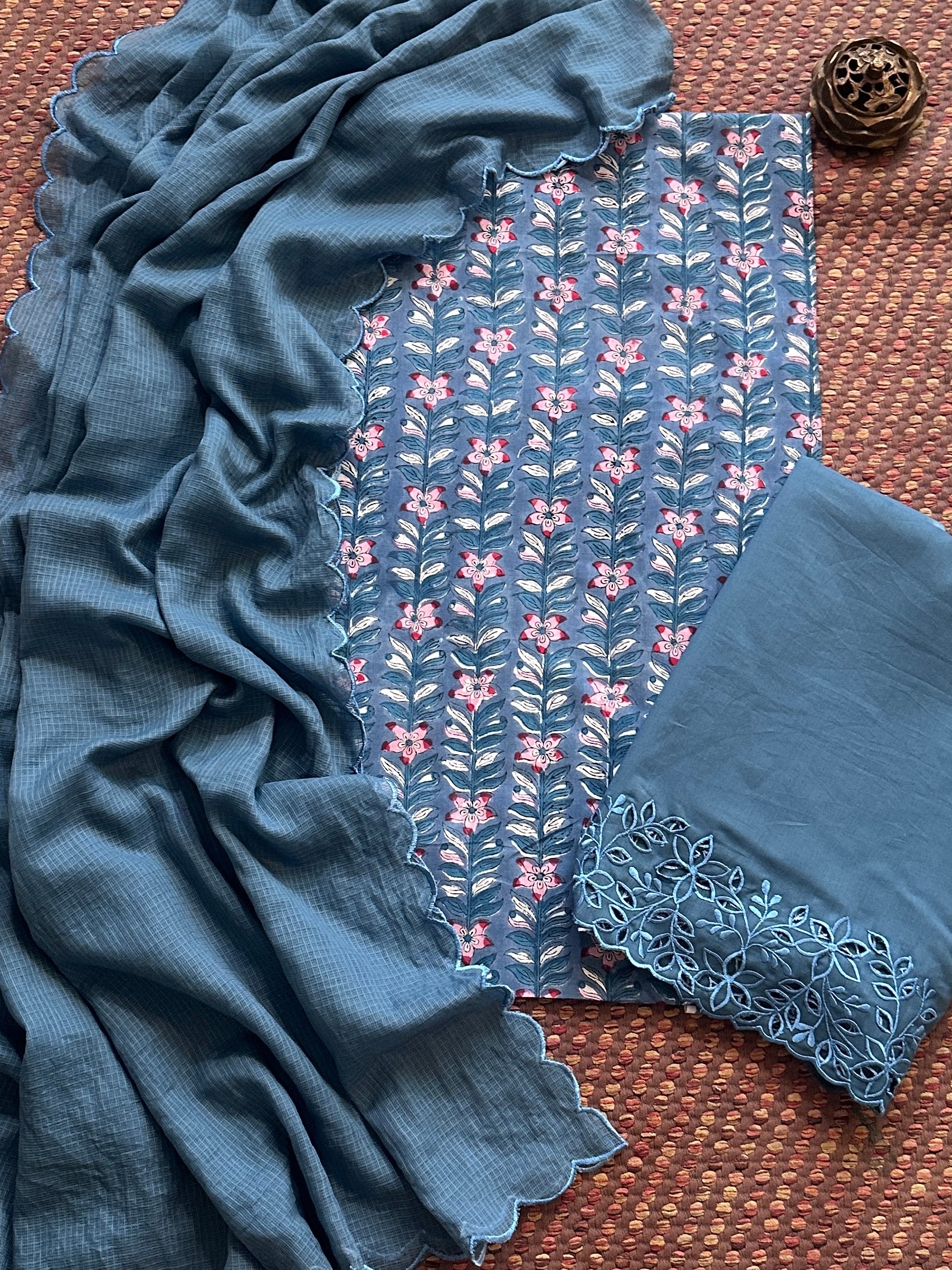 Pure Cotton Malmal Hand-blocked Fabric with Cutwork Bottom & Kota Doria Dupatta