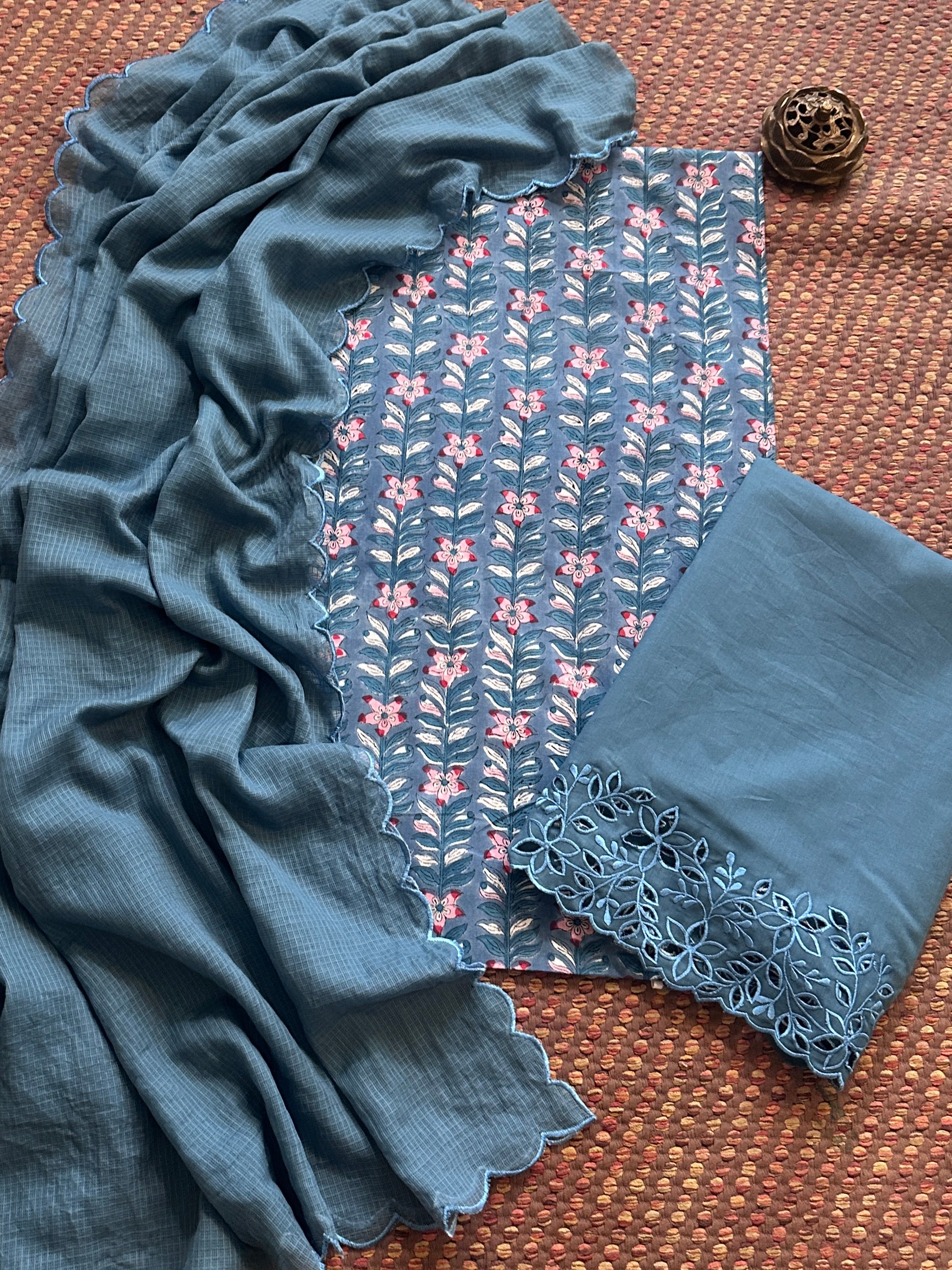 Pure Cotton Malmal Hand-blocked Fabric with Cutwork Bottom & Kota Doria Dupatta