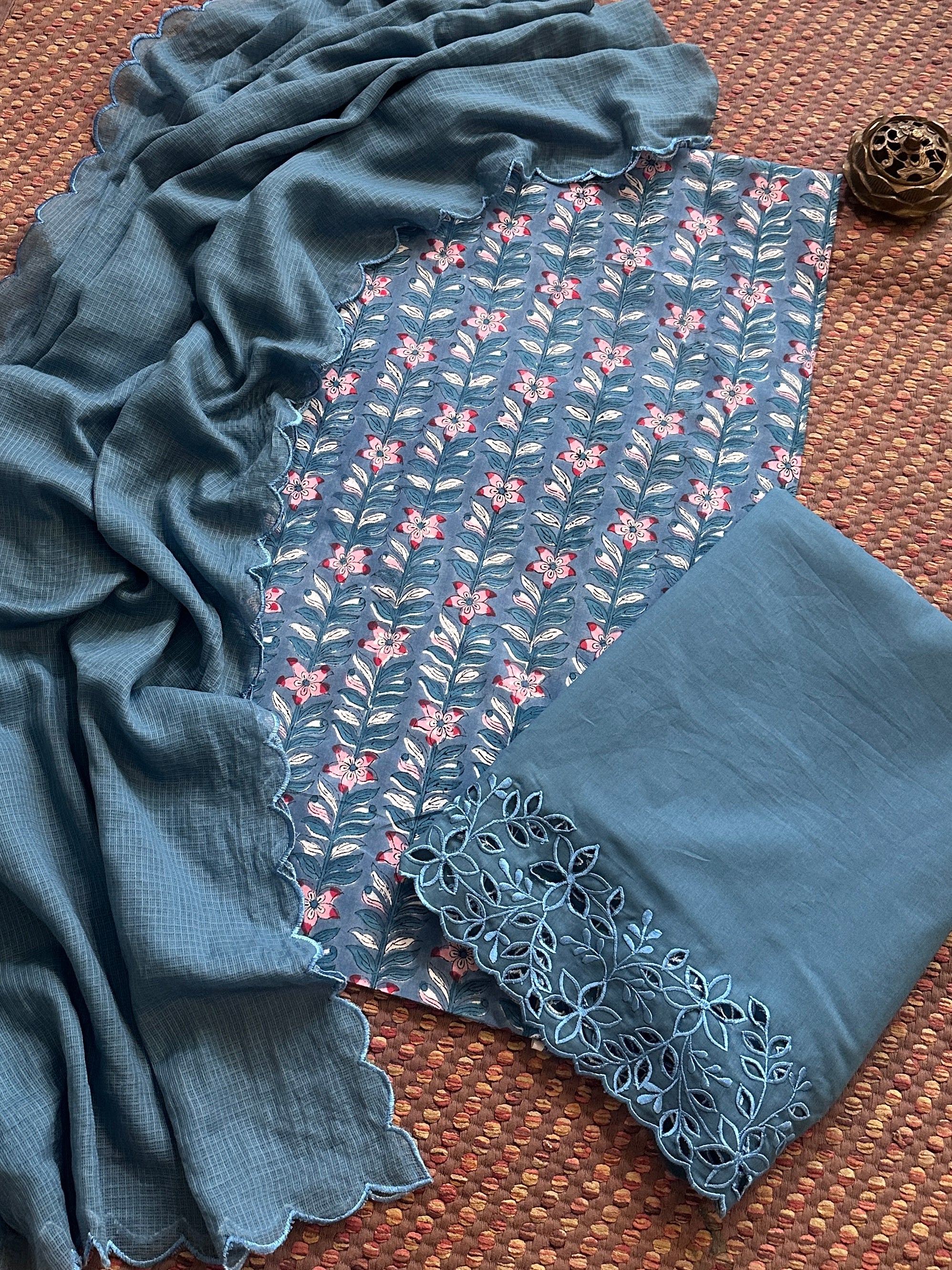 Pure Cotton Malmal Hand-blocked Fabric with Cutwork Bottom & Kota Doria Dupatta