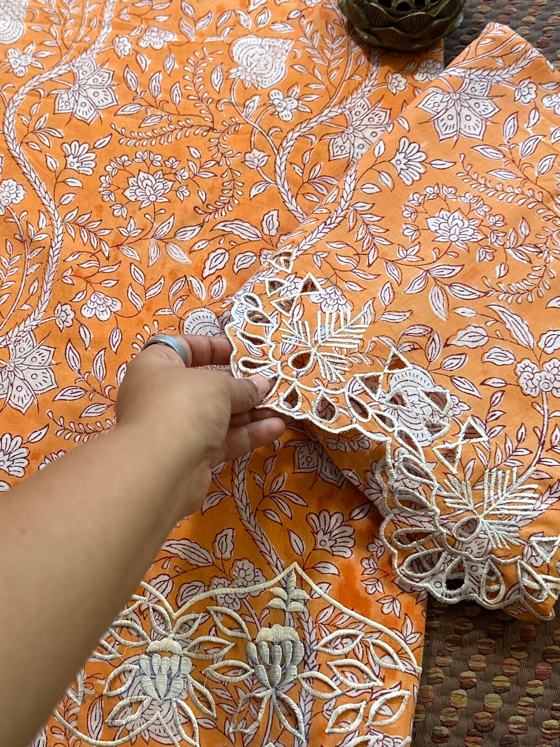 Cutwork Pure Cotton Hand-blocked Coord Set