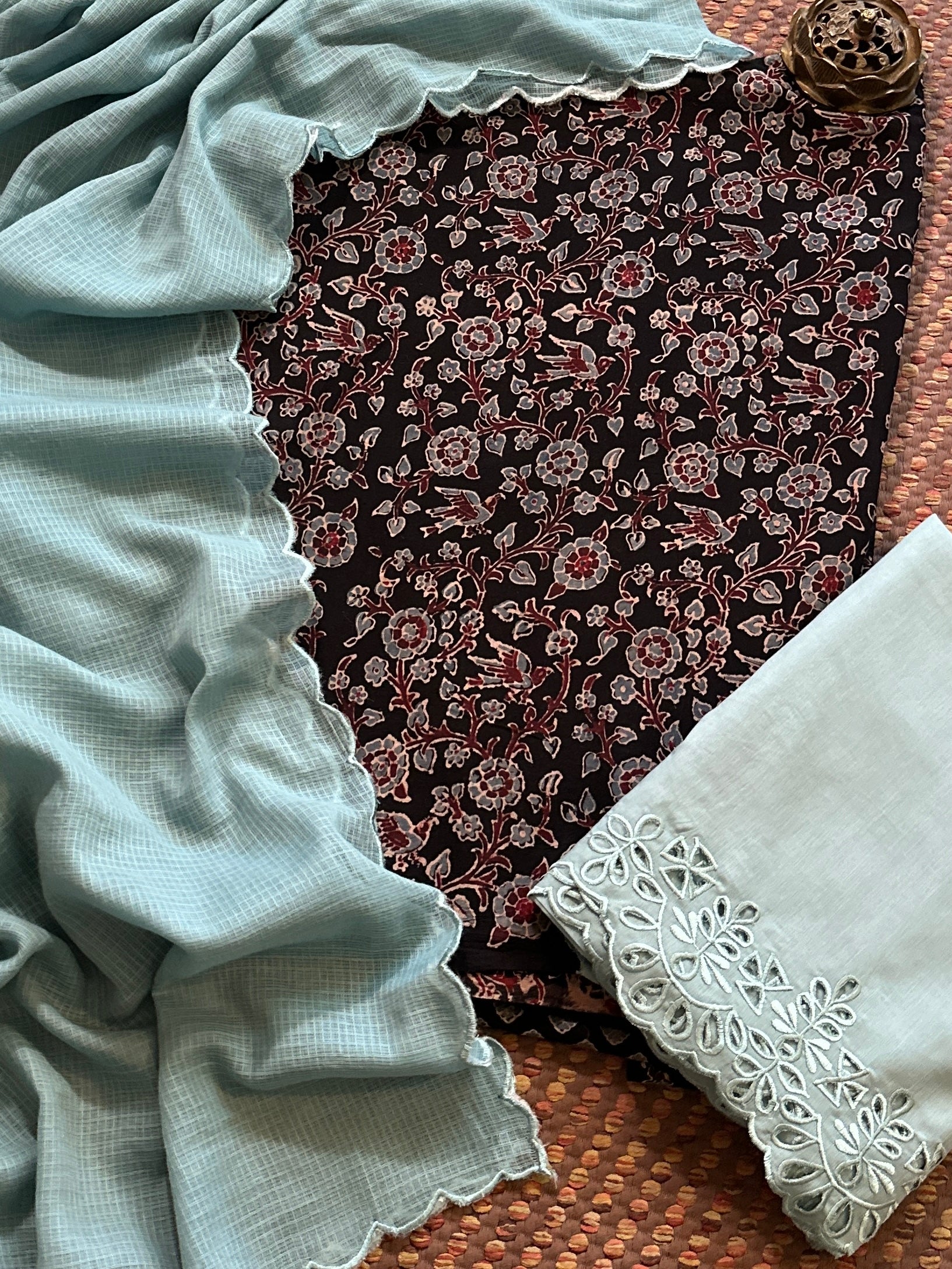 Pure Cotton Mul Ajrak with Scalloped Dupatta & Cutwork Bottom