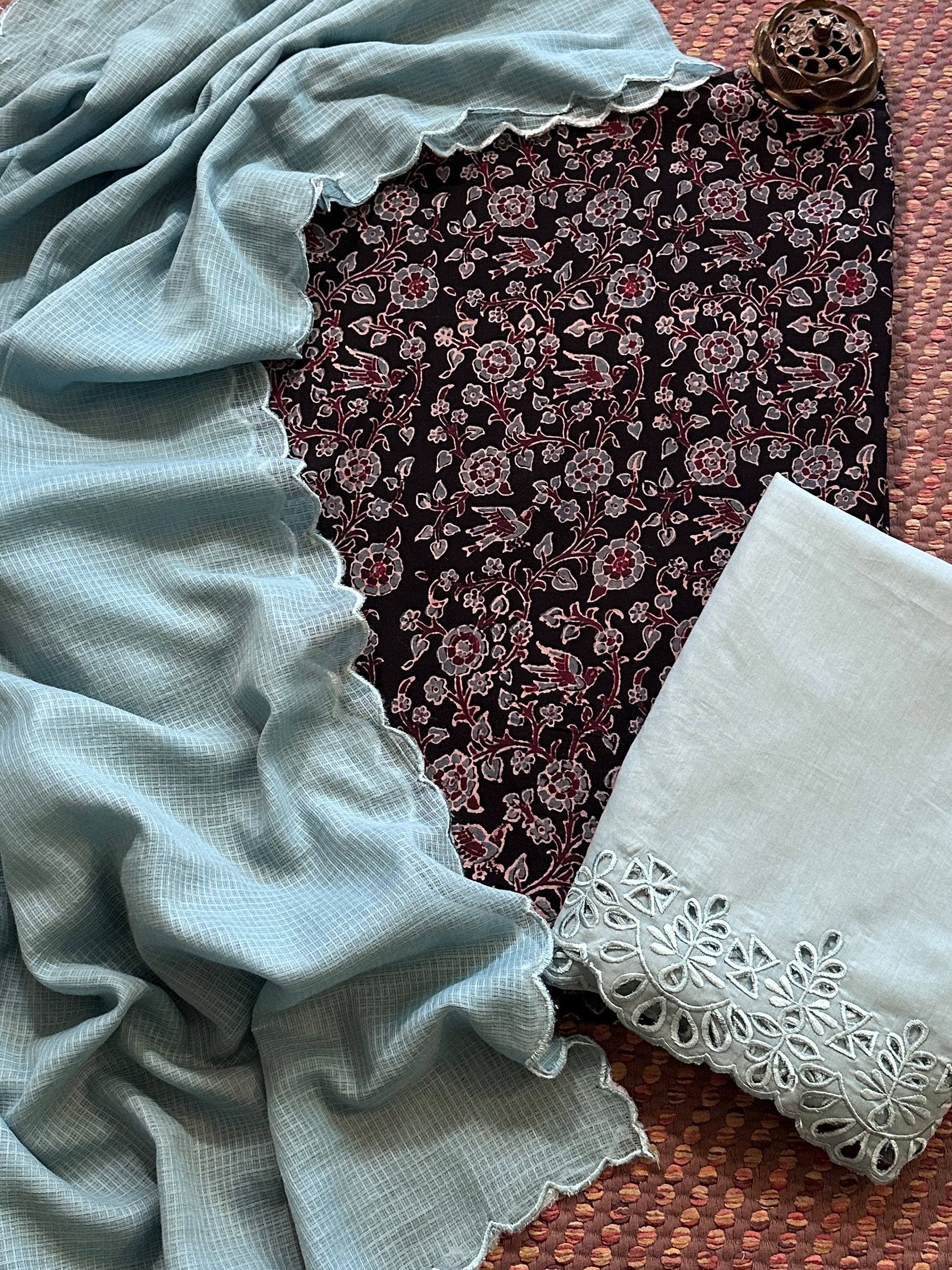 Pure Cotton Mul Ajrak with Scalloped Dupatta & Cutwork Bottom