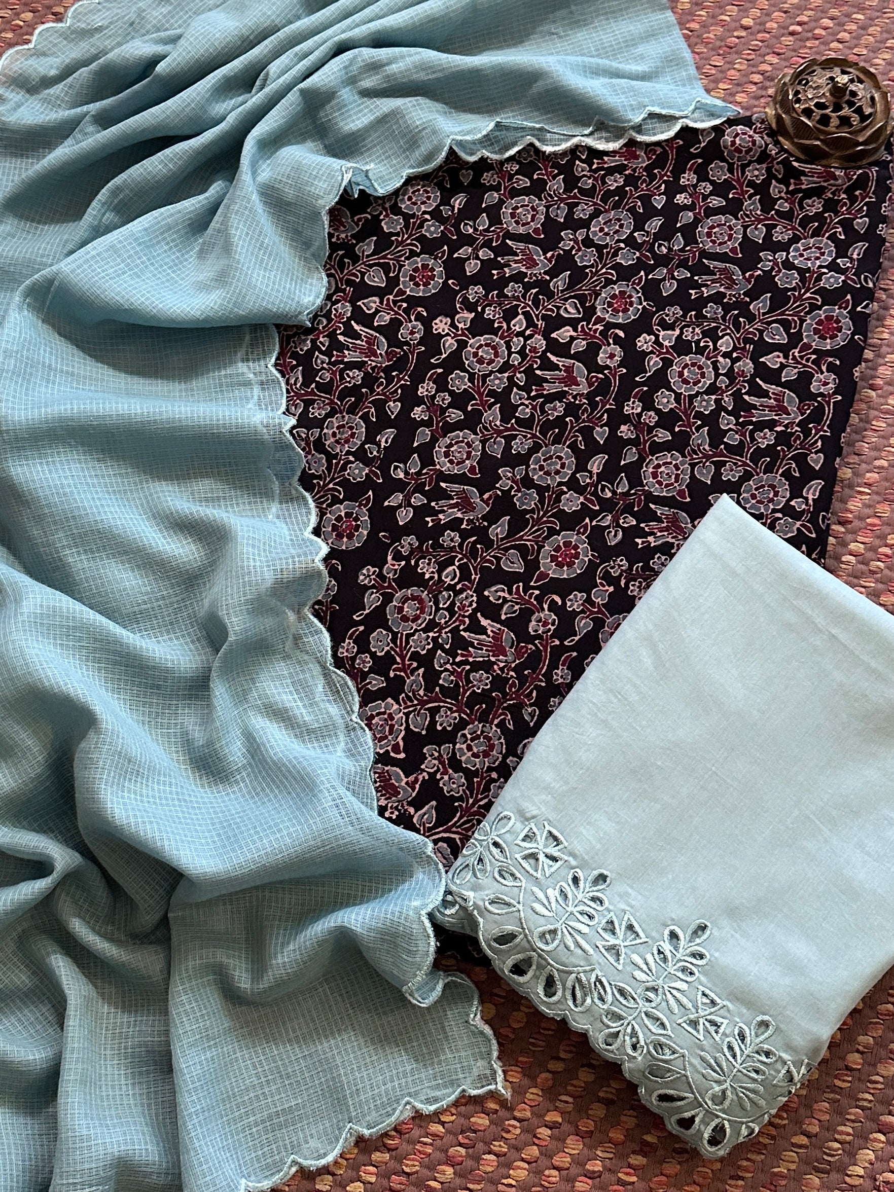 Pure Cotton Mul Ajrak with Scalloped Dupatta & Cutwork Bottom