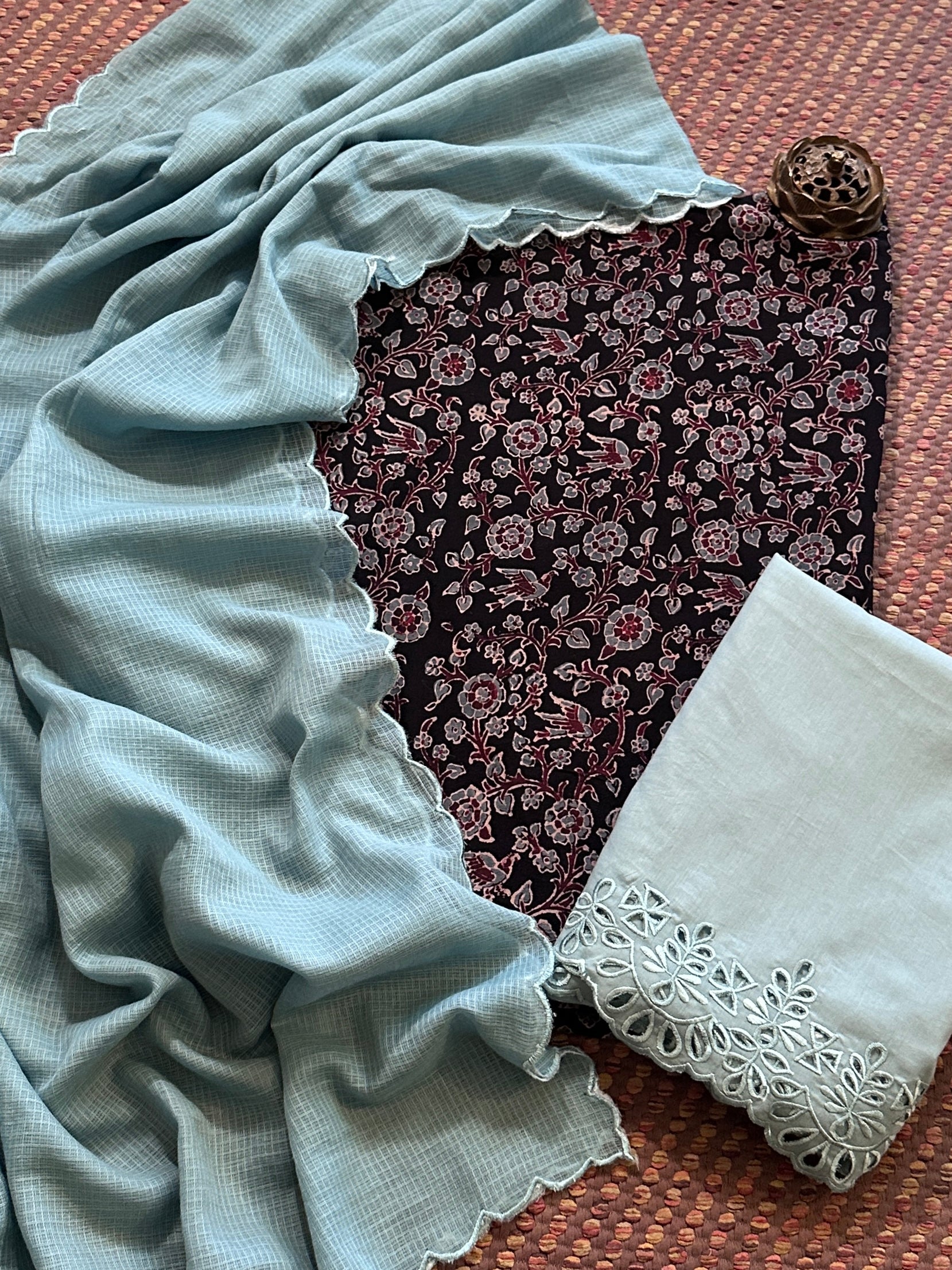 Pure Cotton Mul Ajrak with Scalloped Dupatta & Cutwork Bottom