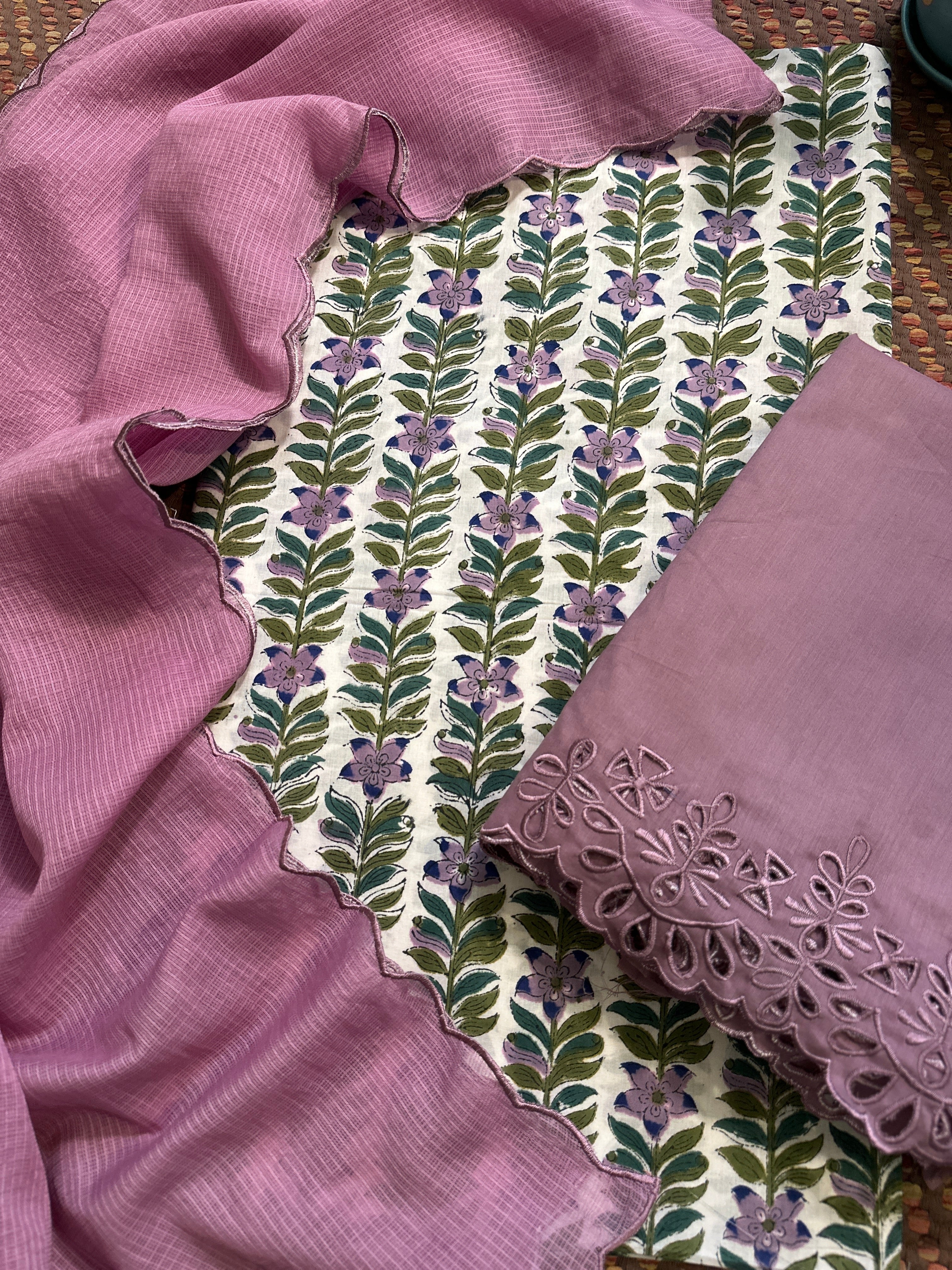 Pure Cotton Handblock Fabric with Exclusive Cutwork Bottom & Kota Doria Dupatta