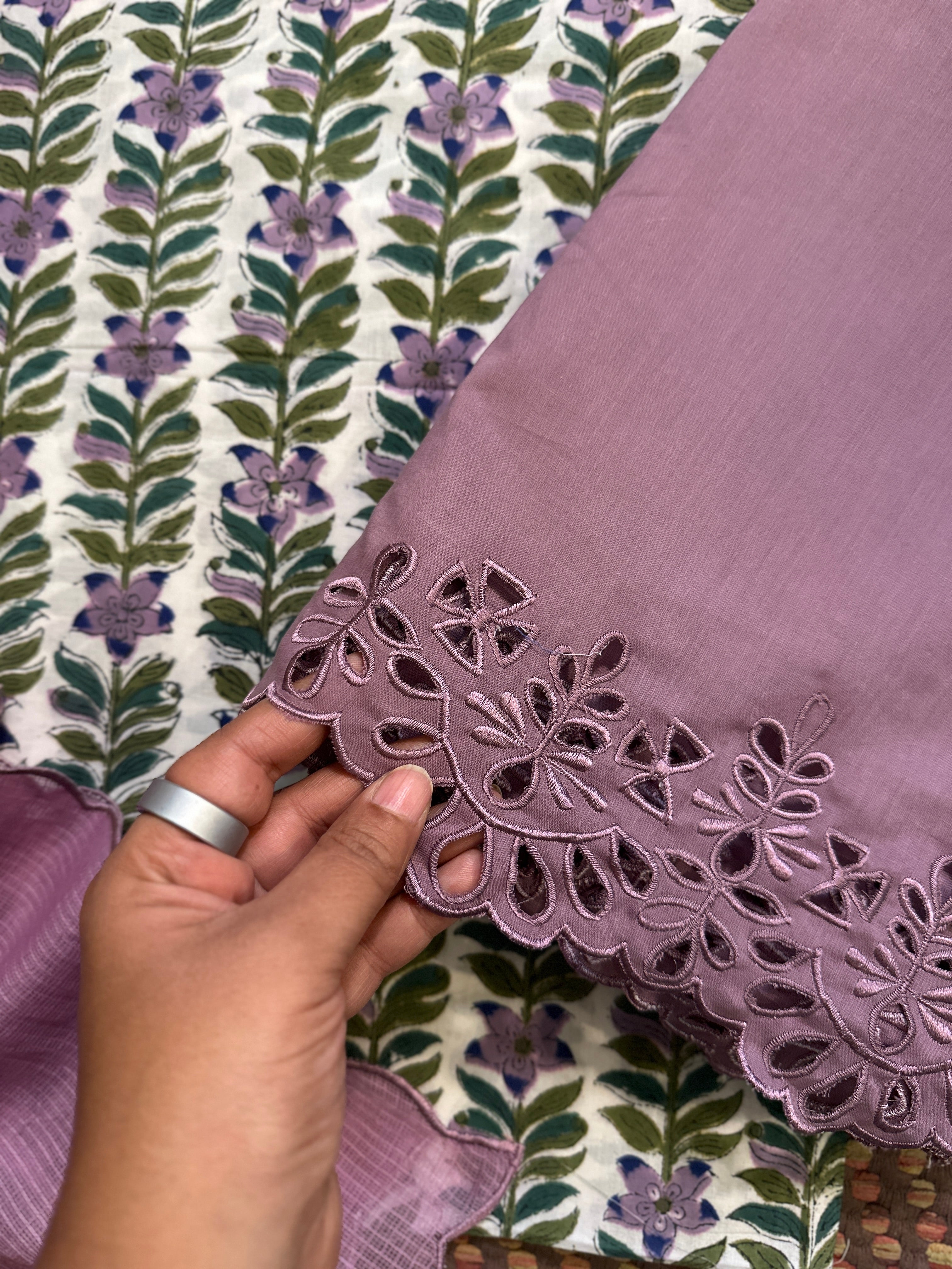 Pure Cotton Handblock Fabric with Exclusive Cutwork Bottom & Kota Doria Dupatta