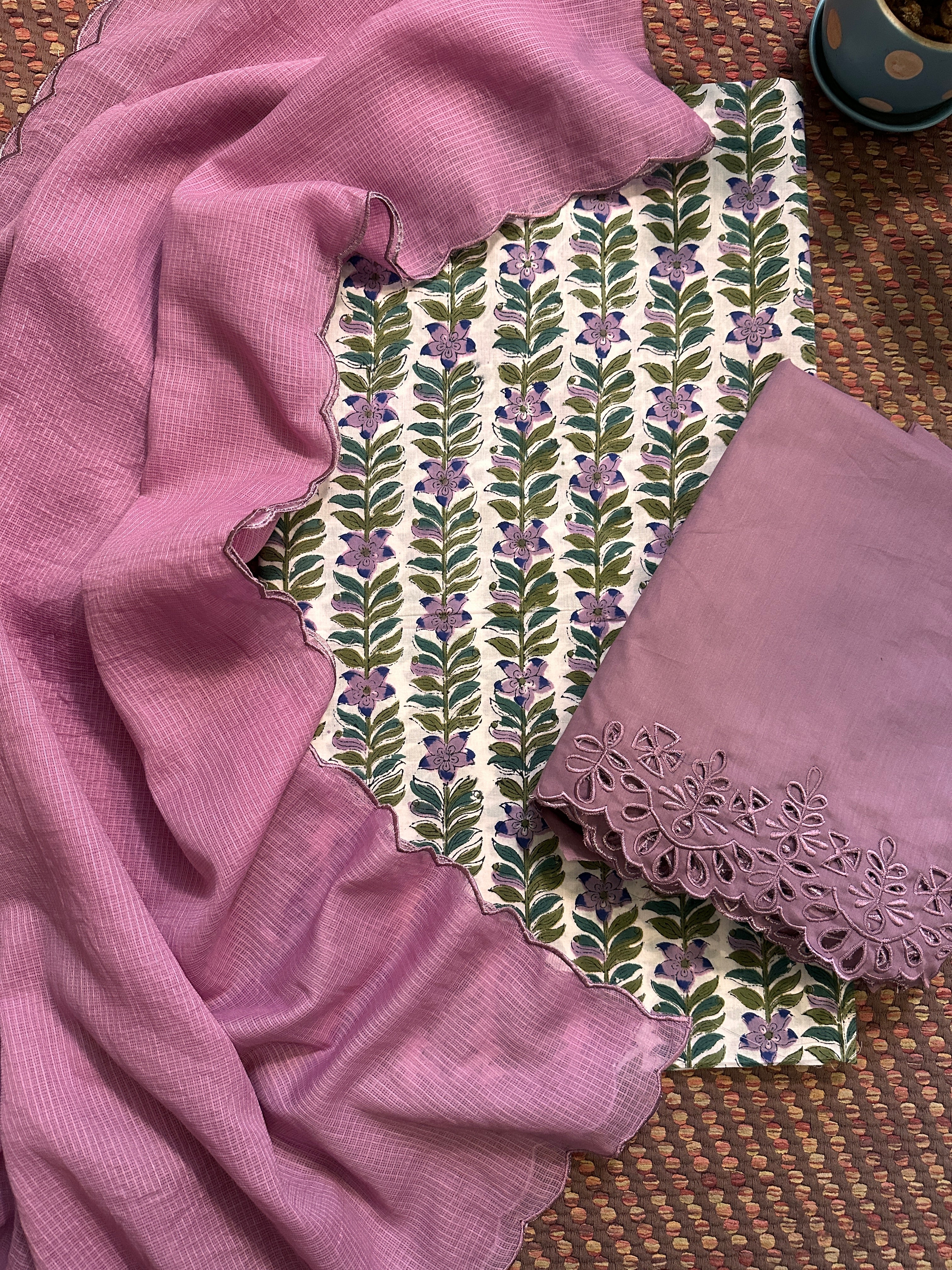 Pure Cotton Handblock Fabric with Exclusive Cutwork Bottom & Kota Doria Dupatta
