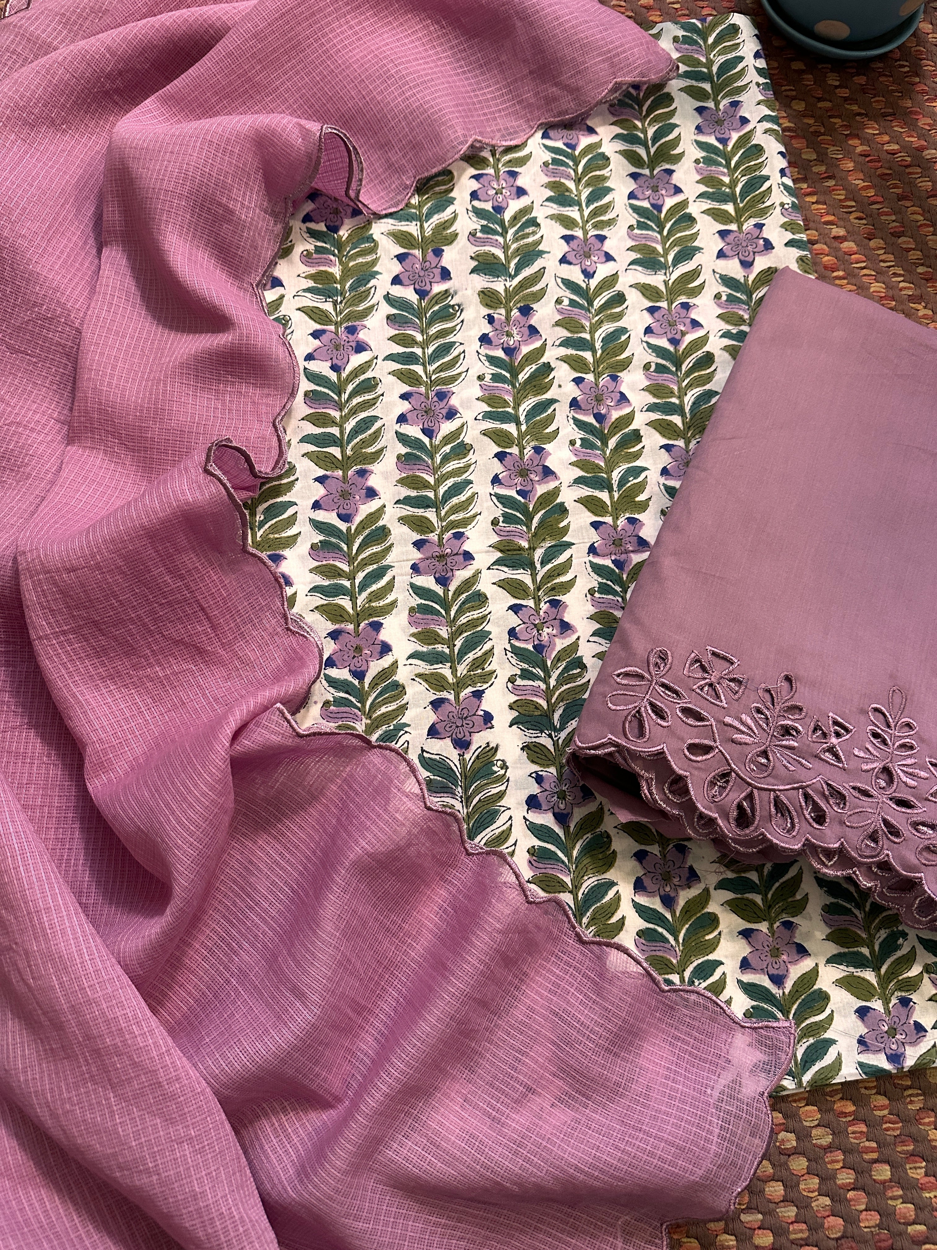 Pure Cotton Handblock Fabric with Exclusive Cutwork Bottom & Kota Doria Dupatta